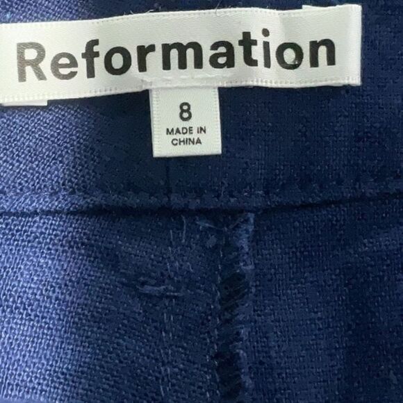 Reformation Freddie Pant Blue Wide Leg Navy Blue Linen Flax High Rise Trousers - Picture 5 of 7